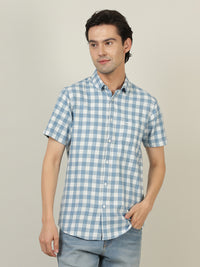 Blue Checked Half Sleeve 100% Cotton Casual Shirt