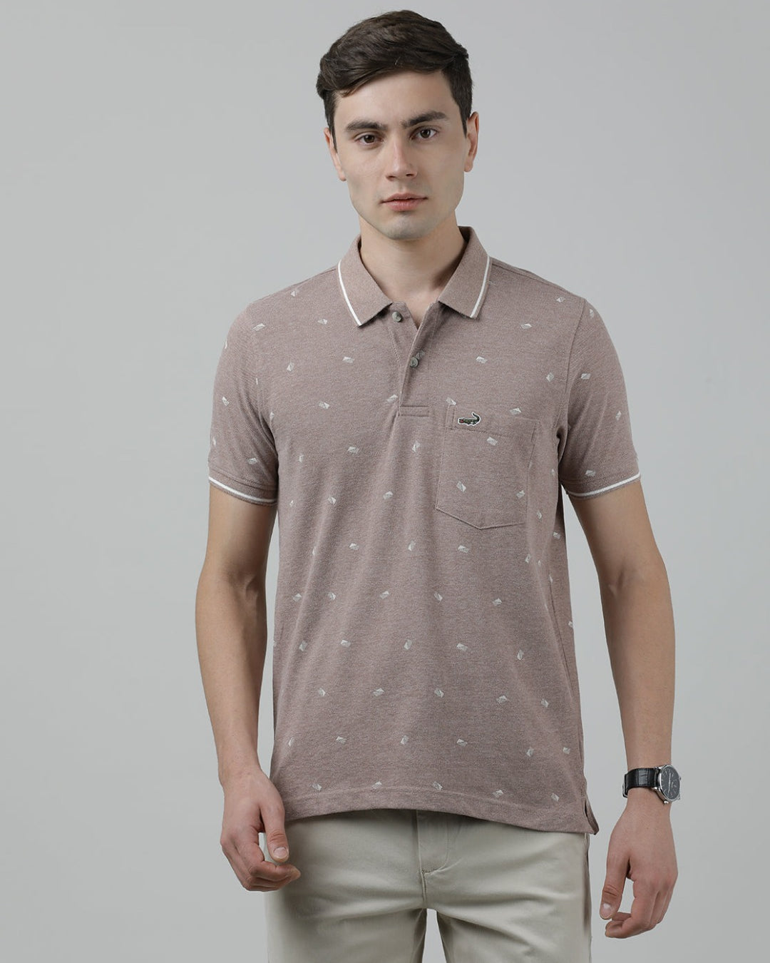 Casual Brown Printed T-Shirt Half Sleeve Slim Fit Melange with Collar for Men