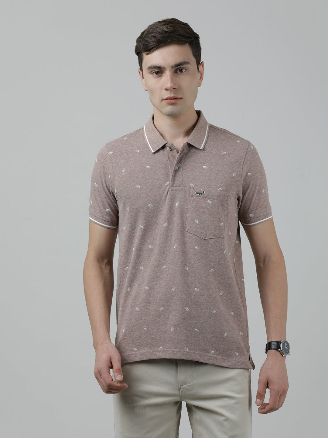 Casual Brown Printed T-Shirt Half Sleeve Slim Fit Melange with Collar for Men
