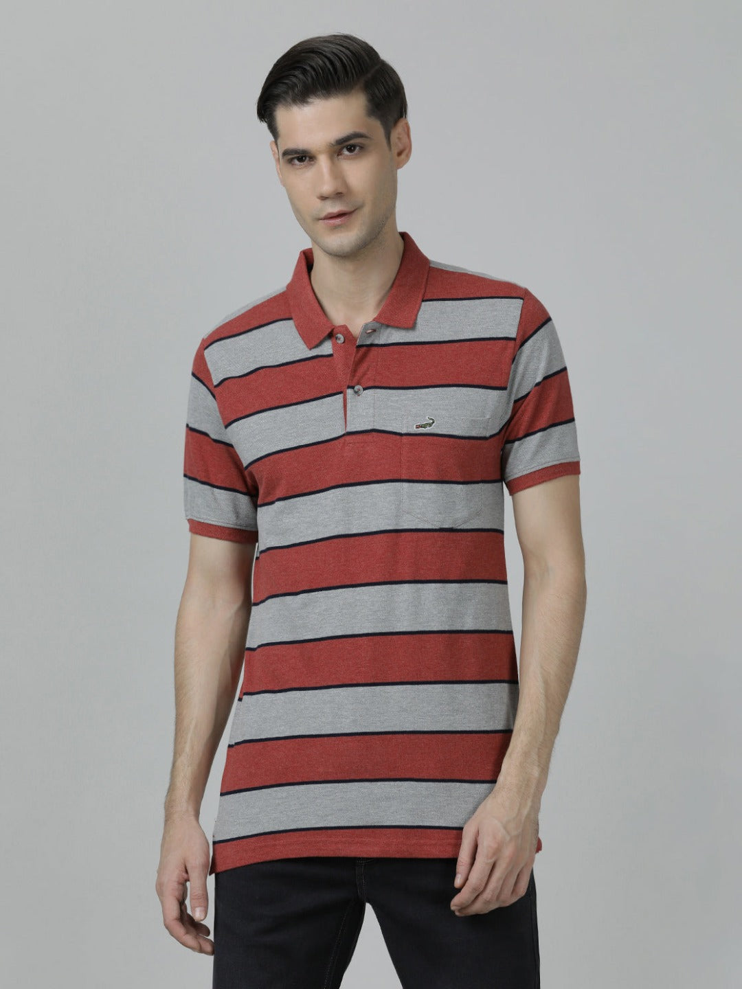 Casual Stripes Slim Fit Red Half Sleeve Polo T-shirt with Collar