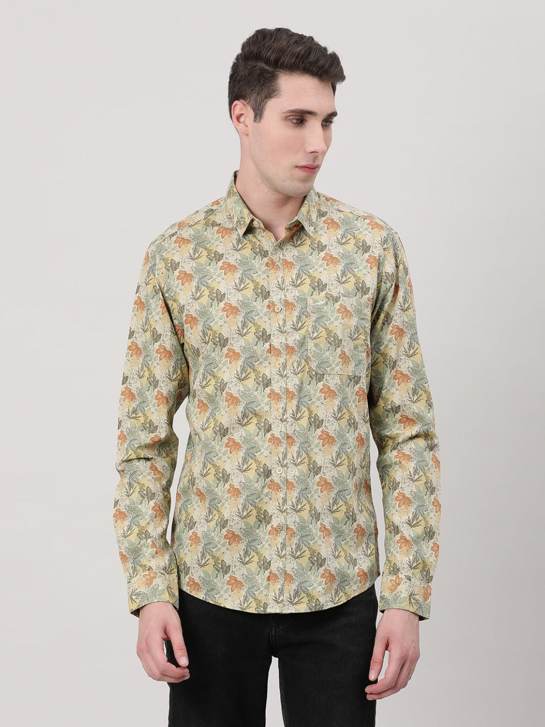 Casual Full Sleeve Comfort Fit Printed Shirt Yellow with Collar for Men