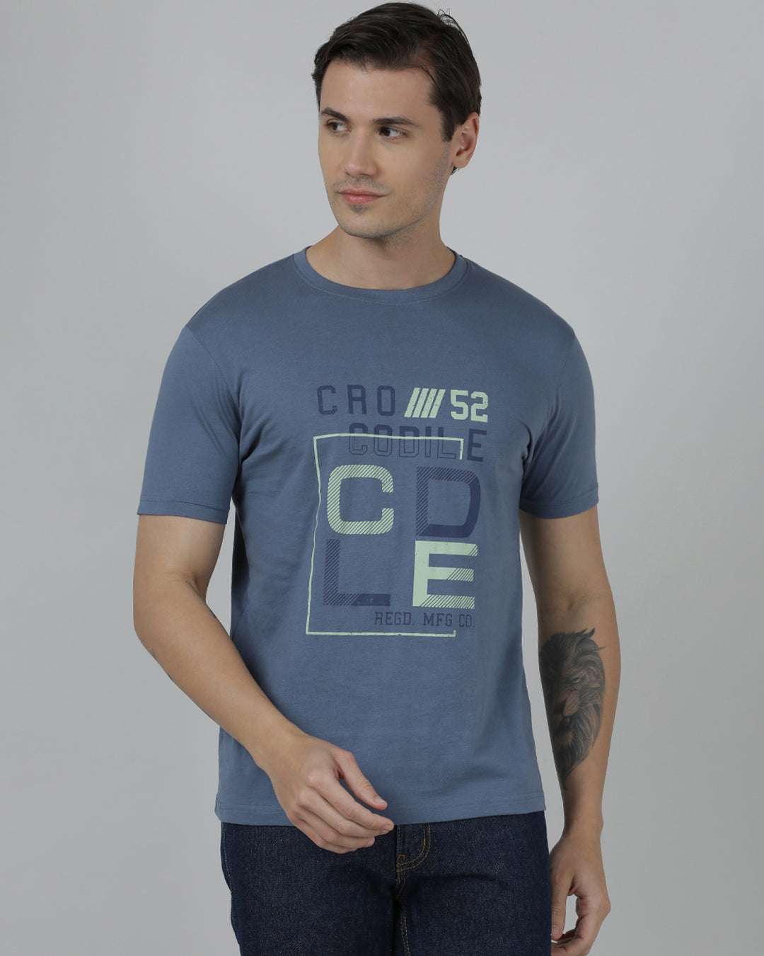 Men's Printed Round Neck Half Sleeve Cotton T-Shirt - CHINA BLUE/GREY MELANGE