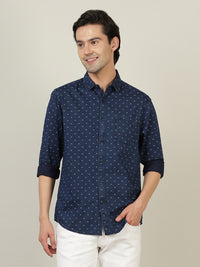 Indigo Navy Printed Full Sleeve 100% Cotton Casual Shirt