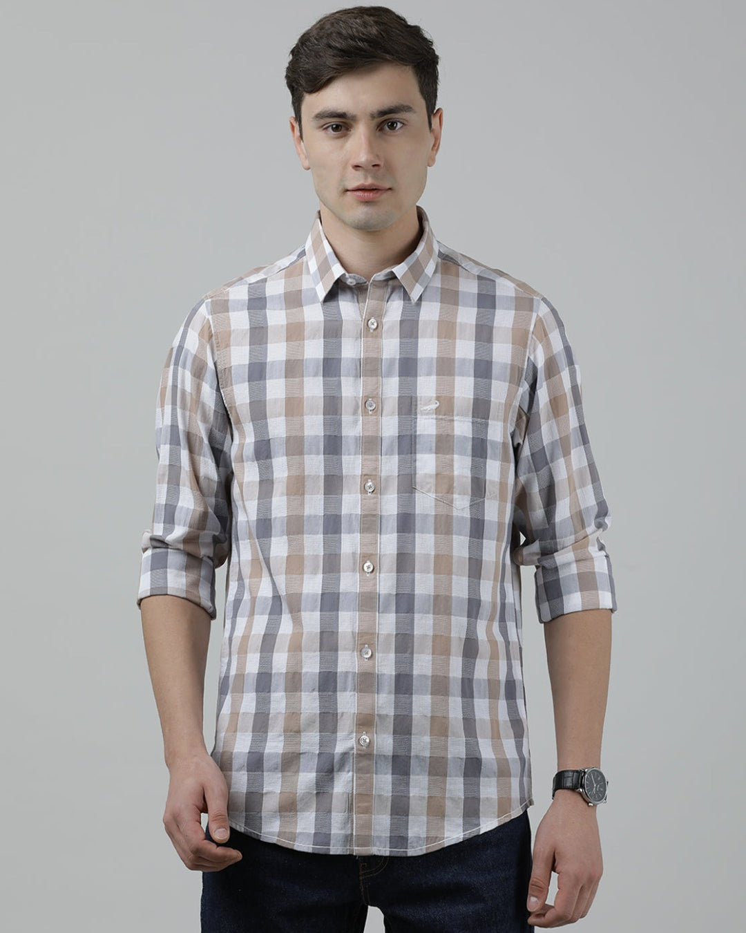 Casual Full Sleeve Comfort Fit Checks Shirt Brown for Men