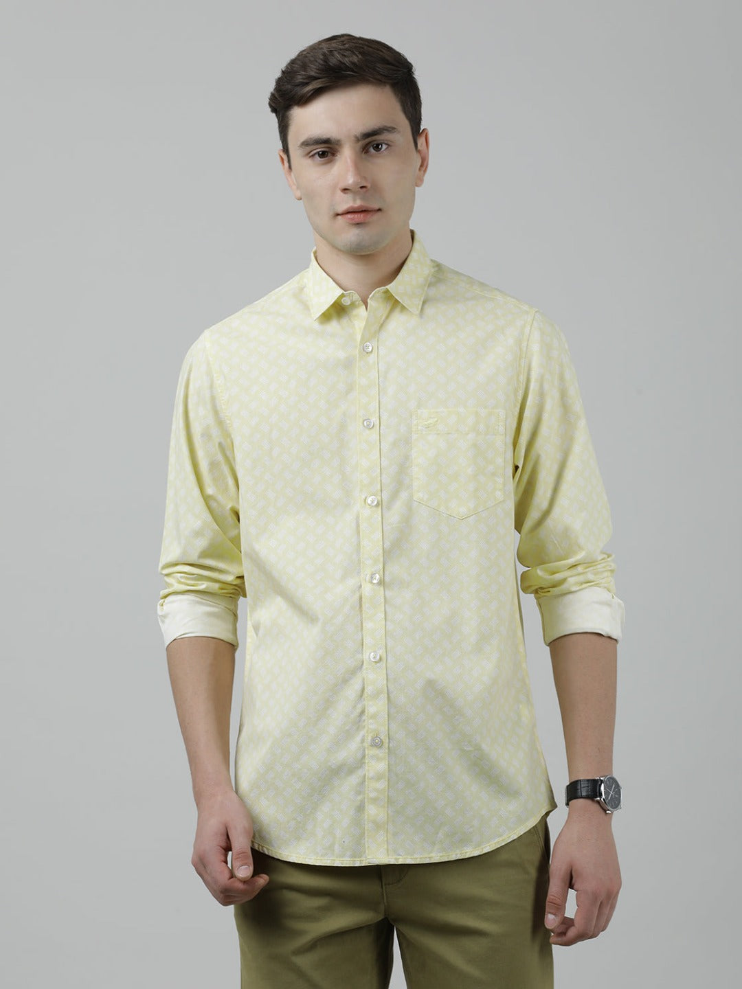 Casual Full Sleeve Comfort Fit Printed Shirt Yellow with Collar for Men