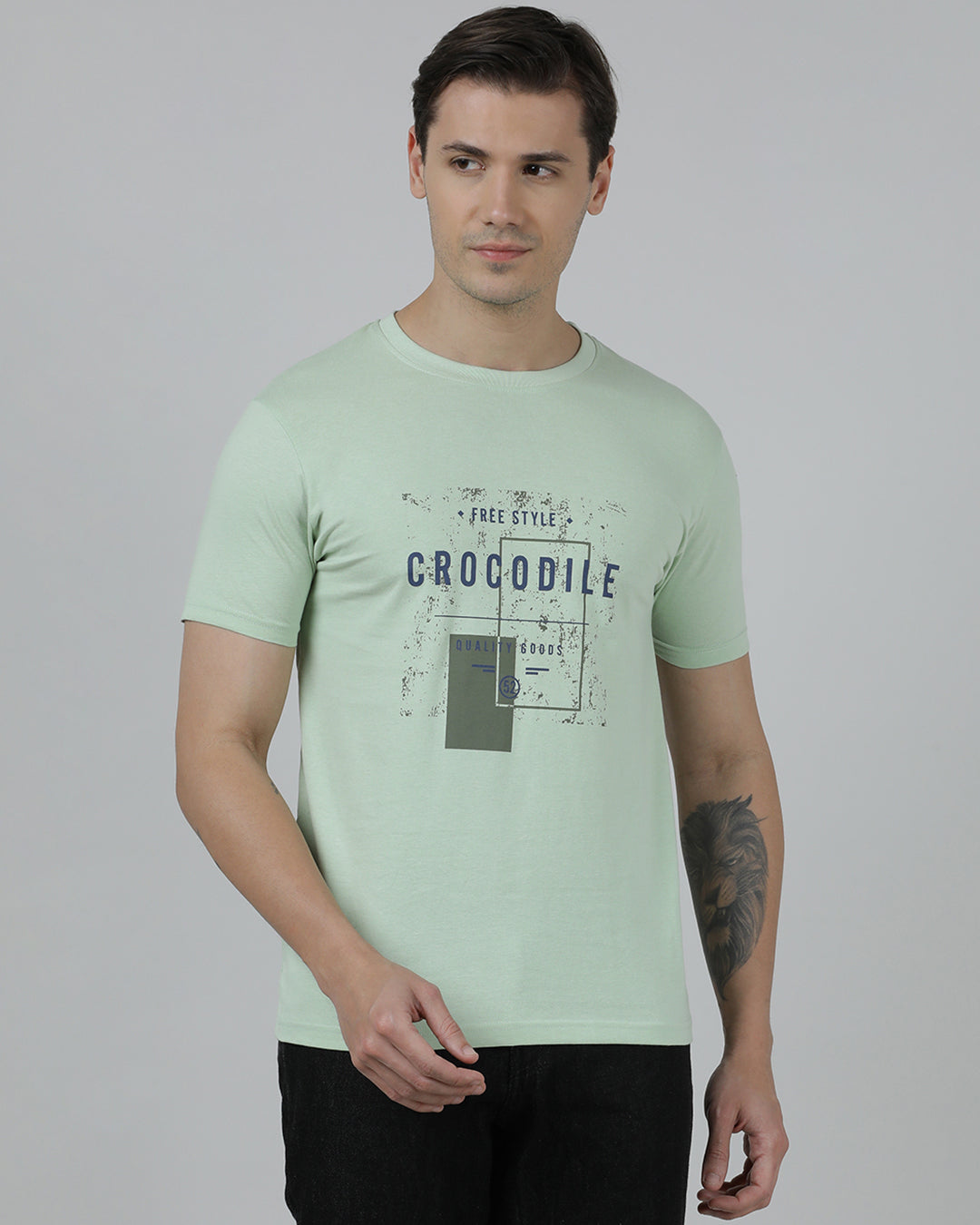 Men's Printed Round Neck Half Sleeve Cotton T-Shirt - CELADON GREEN/CHINA BLUE