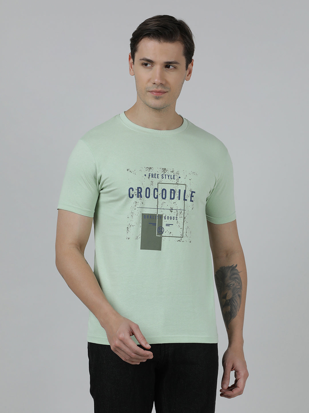 Men's Printed Round Neck Half Sleeve Cotton T-Shirt - CELADON GREEN/CHINA BLUE