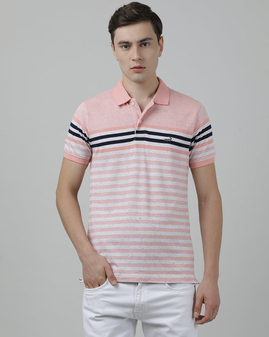 Casual Orange T-Shirt Engineering Stripes Half Sleeve Slim Fit with Collar for Men
