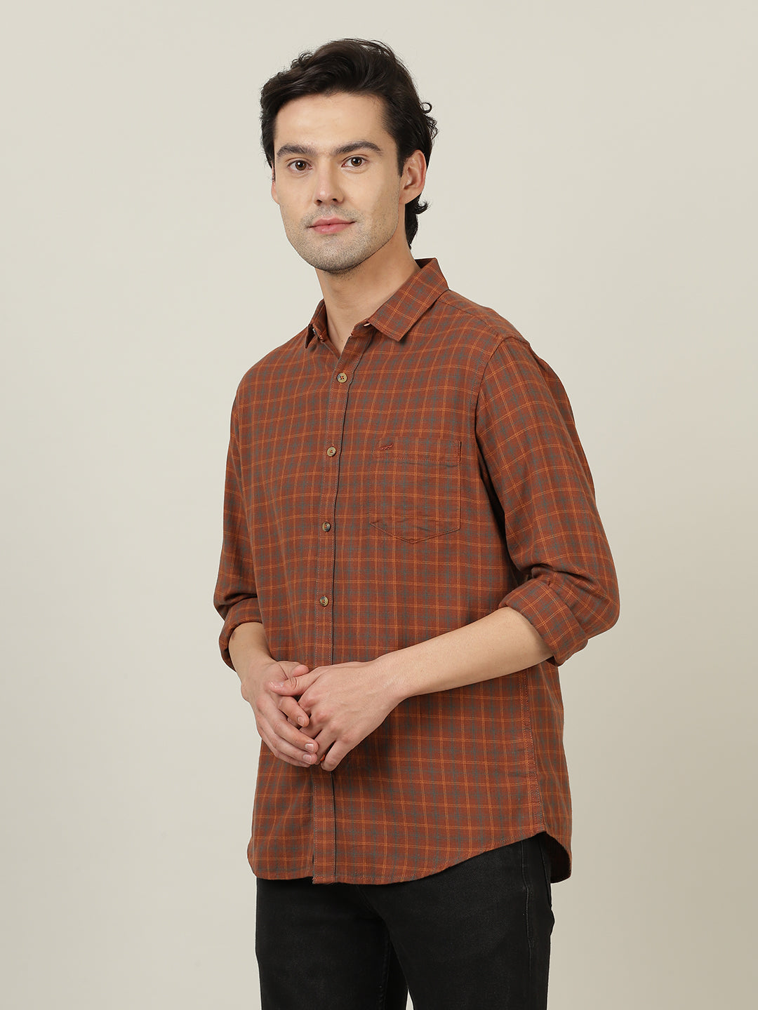 Crocodile Men Brown Cotton Checked Shirt