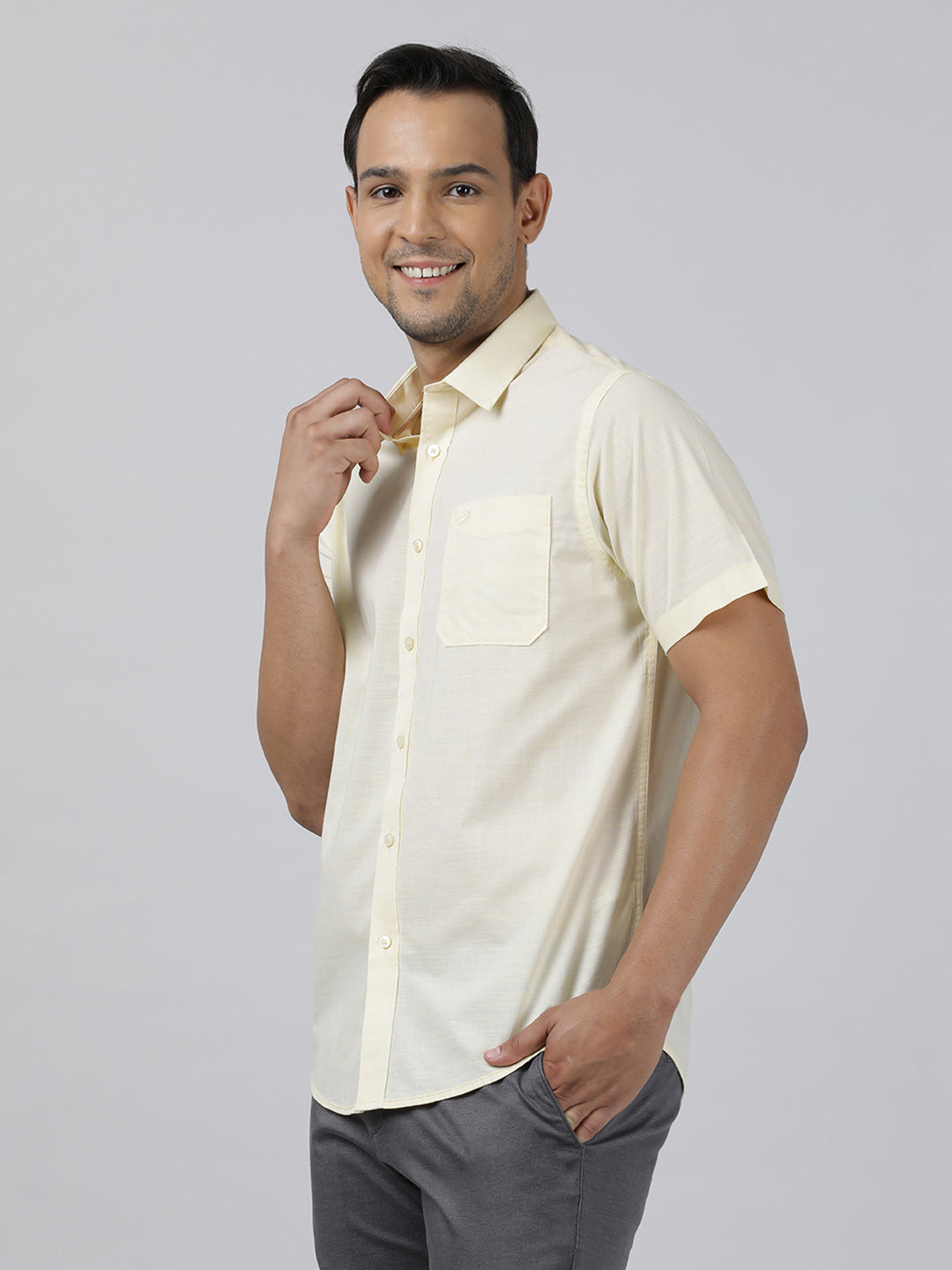 Casual Yellow Half Sleeve Regular Fit Solid Shirt with Collar for Men