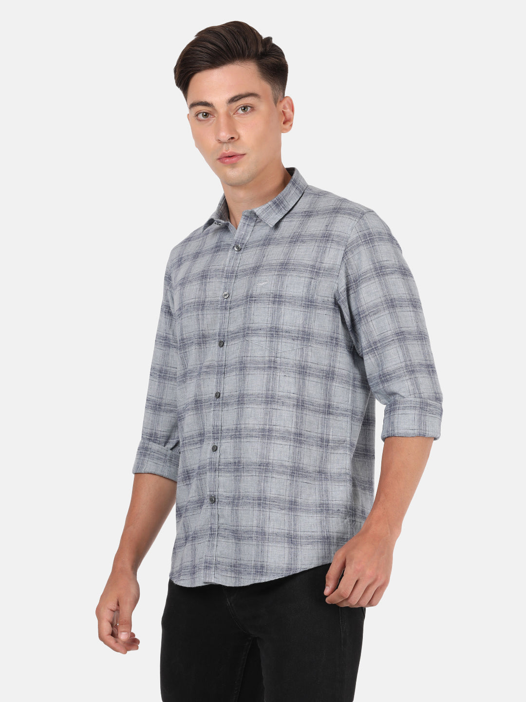 Crocodile Men's Casual Full Sleeve Comfort Fit Checks Dark Grey with Collar Shirt