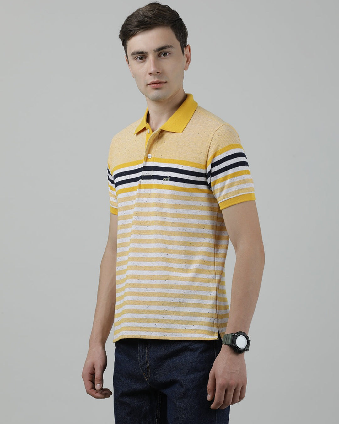 Casual Yellow T-Shirt Engineering Stripes Half Sleeve Slim Fit with Collar for Men