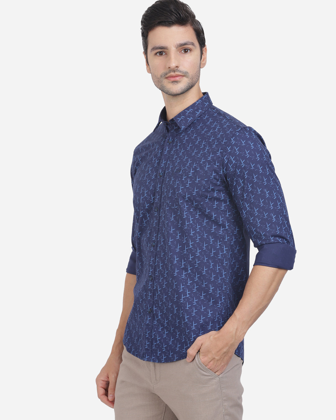 Crocodile Casual Full Sleeve Slim Fit Printed Navy with Collar Shirt