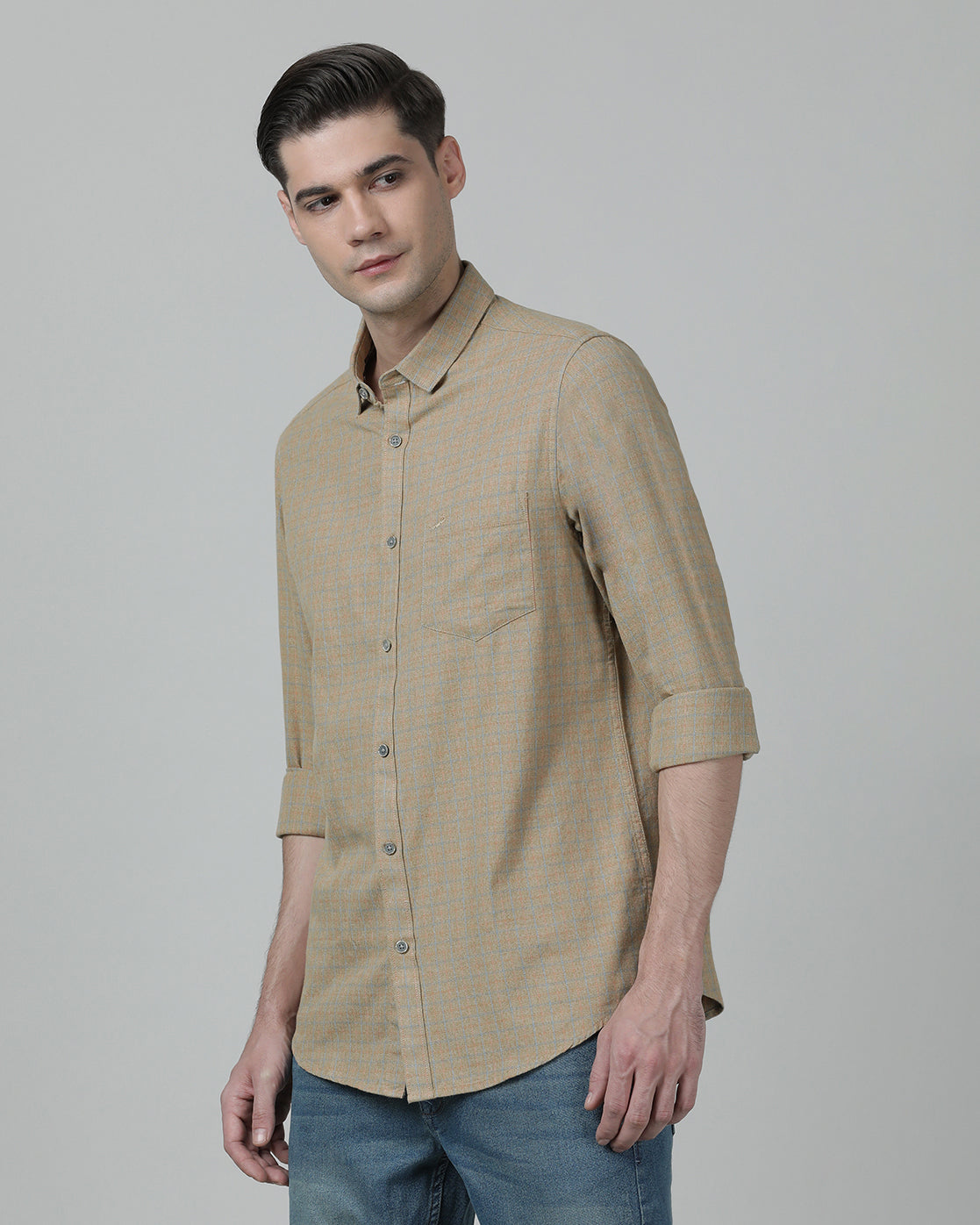 Casual Checks Comfort Fit Full Sleeve Khaki Shirt with Collar