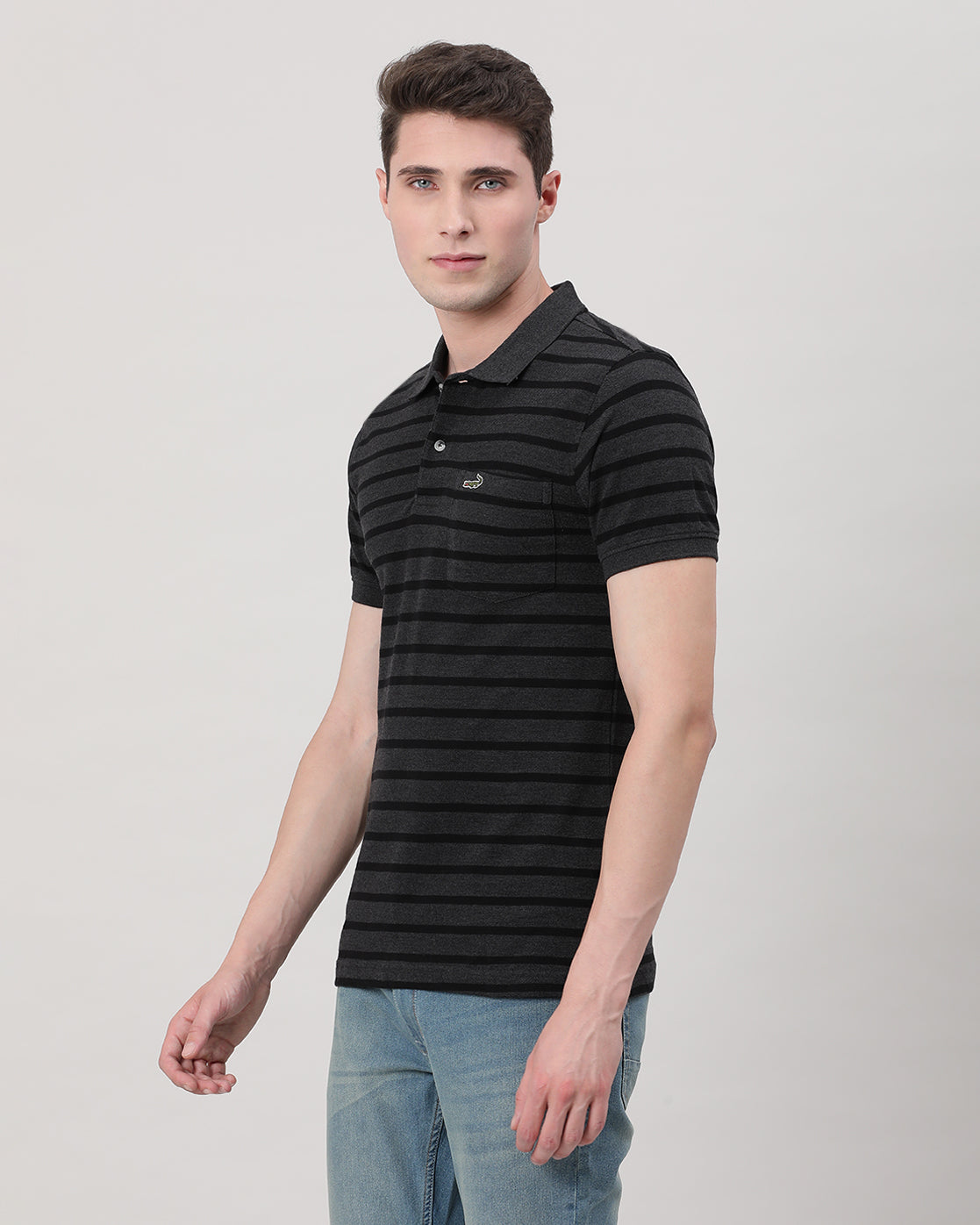 Casual Black T-Shirt Striper Half Sleeve Slim Fit with Collar