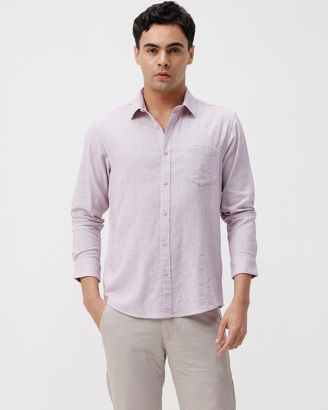 Man wearing a red rib textured cotton shirt light purple on a light gray background
