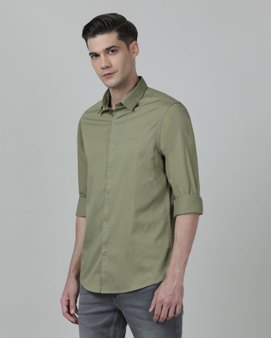 Casual Solid Slim Fit Moss Green Full Sleeve Shirt with Collar