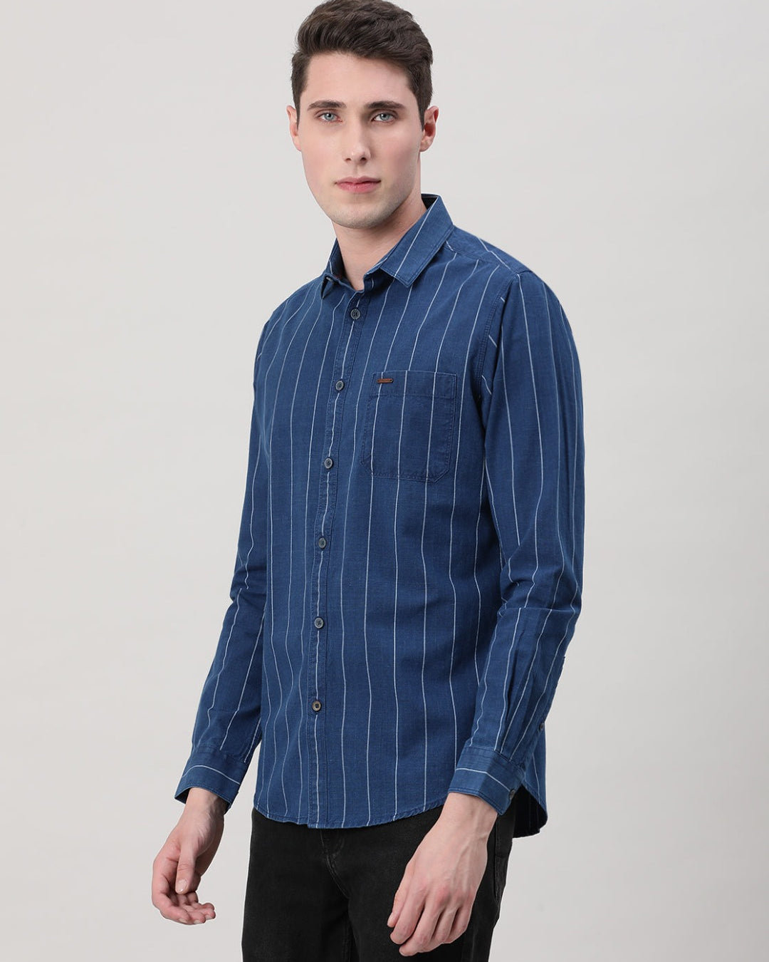 Casual Full Sleeve Comfort Fit Stripe Shirt Indigo with Collar for Men