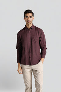 Wine Viscose Solid Comfort Fit Full Sleeve Spread Shirt