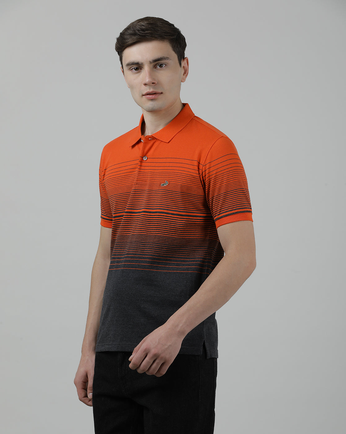 Casual Orange T-Shirt Half Sleeve Slim Fit Jersey Engineering Stripe with Collar for Men