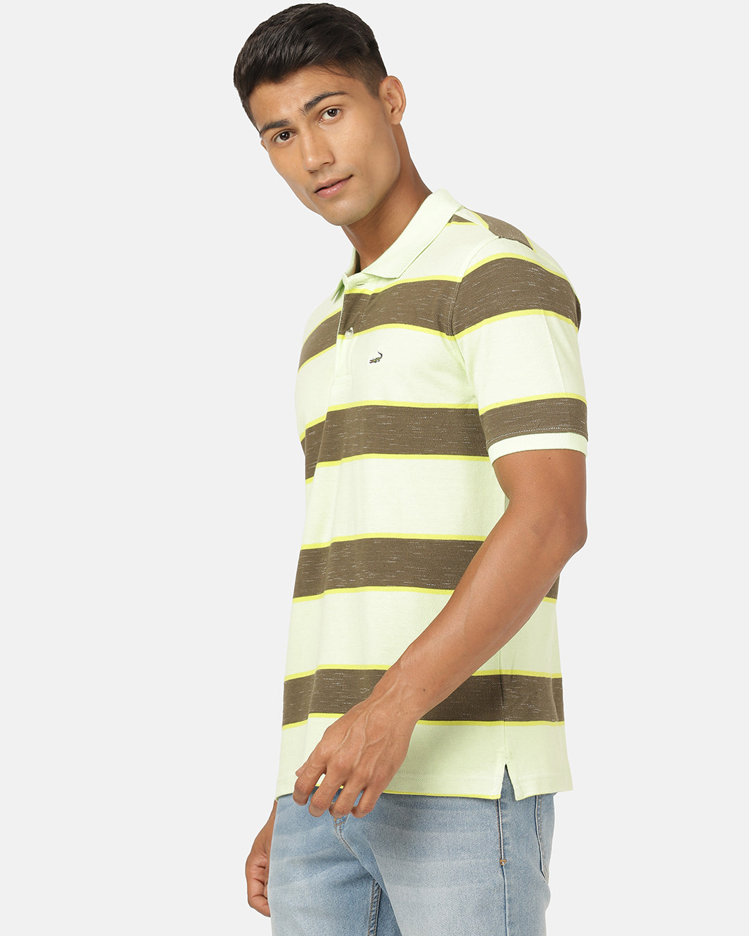 Man wearing a green butterfly green striped polo t shirt with casual styling on a gray background