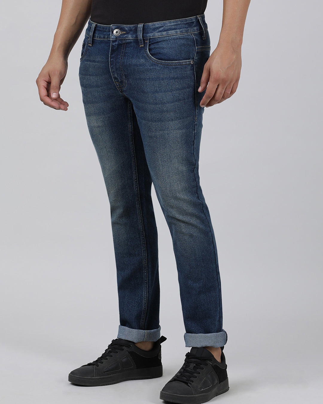 Casual Slim Fit Solid Mid Blue Denim for Men