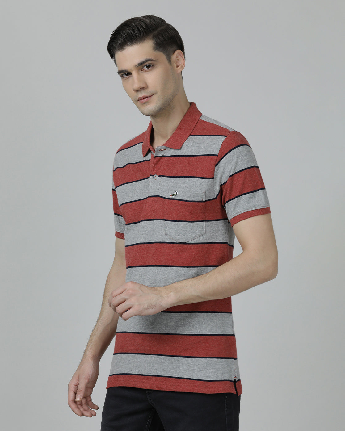 Casual Stripes Slim Fit Red Half Sleeve Polo T-shirt with Collar