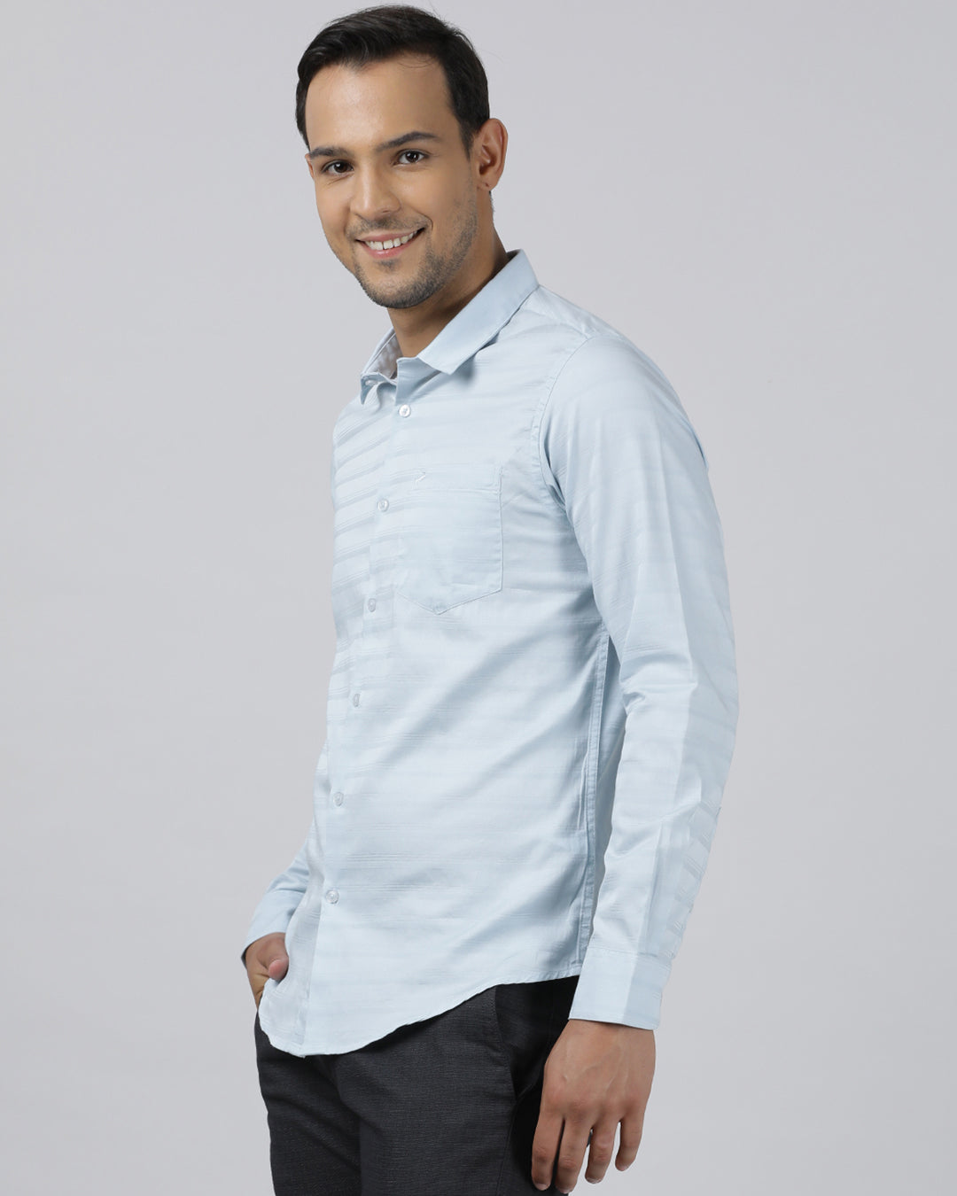 Casual Light Blue Full Sleeve Regular Fit Solid Shirt with Collar for Men