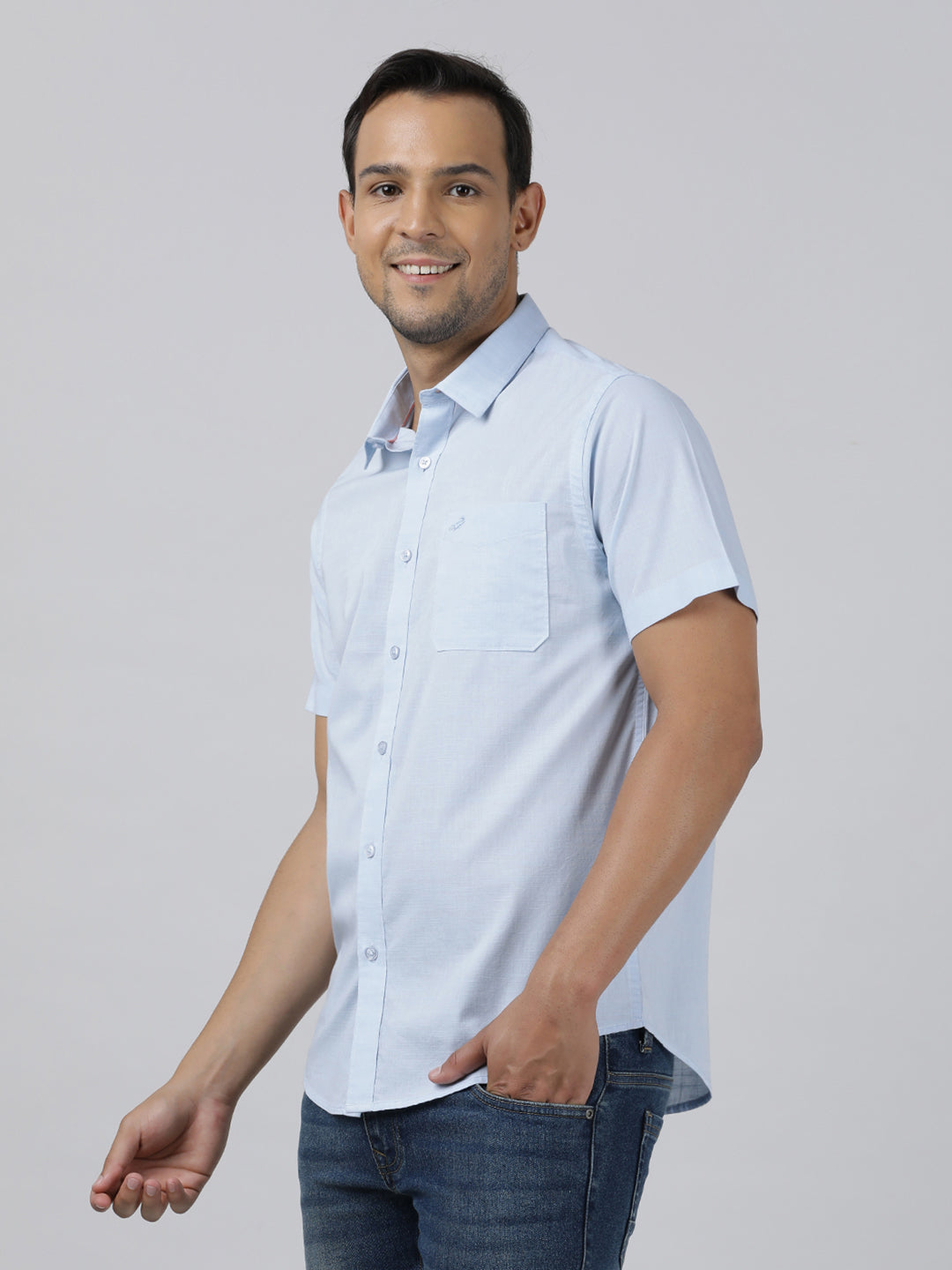 Casual Sky Blue Half Sleeve Regular Fit Solid Shirt with Collar for Men