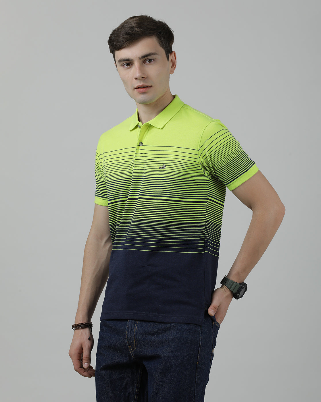 Casual Blue T-Shirt Half Sleeve Slim Fit Jersey Engineering Stripe with Collar for Men