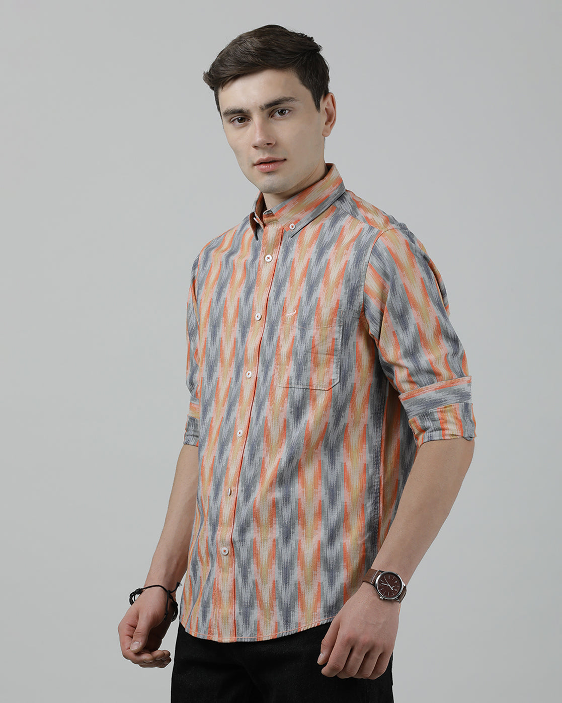 Casual Full Sleeve Slim Fit Stripe Shirt Orange for Men