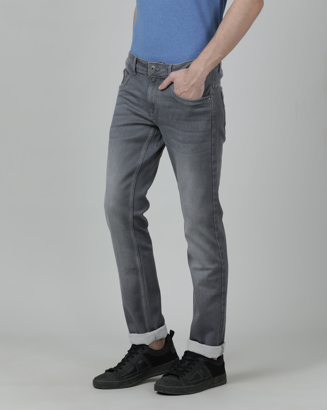 Casual Solid Grey Slim Fit Cotton Denim Jean