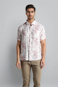 Peach Floral Comfort Fit Shirt With Half Sleeves