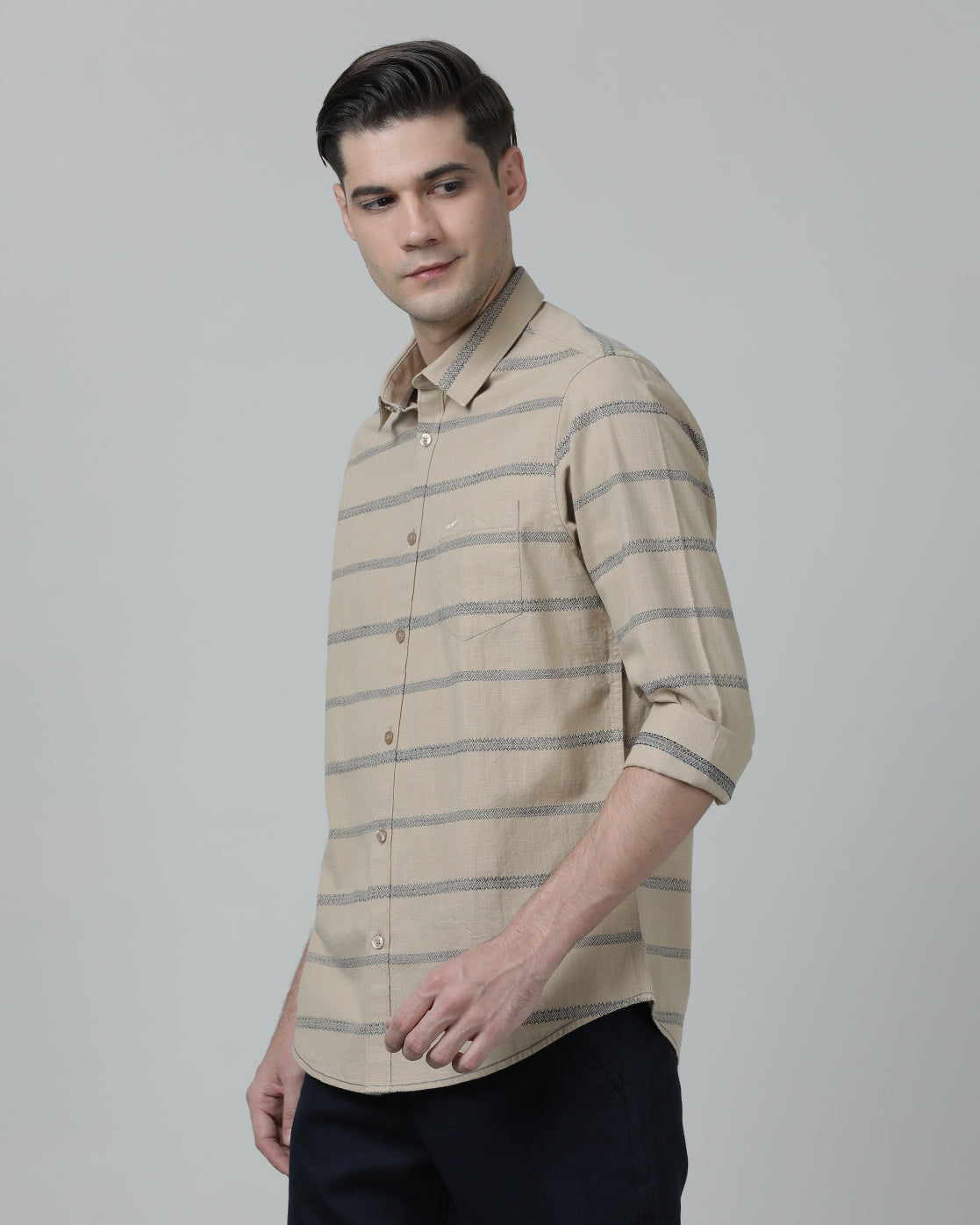 Casual Stripe Comfort Fit Full Sleeve Beige Shirt with Collar