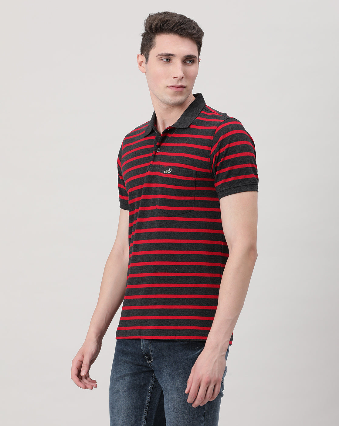 Casual Red T-Shirt Striper Half Sleeve Slim Fit with Collar