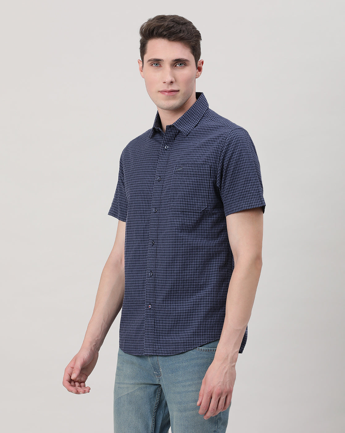Casual Navy Half Sleeve Comfort Fit Checks Shirt with Collar for Men