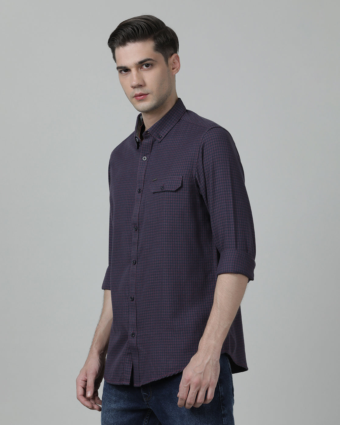 Casual Checks Comfort Fit Full Sleeve Wine Shirt with Collar