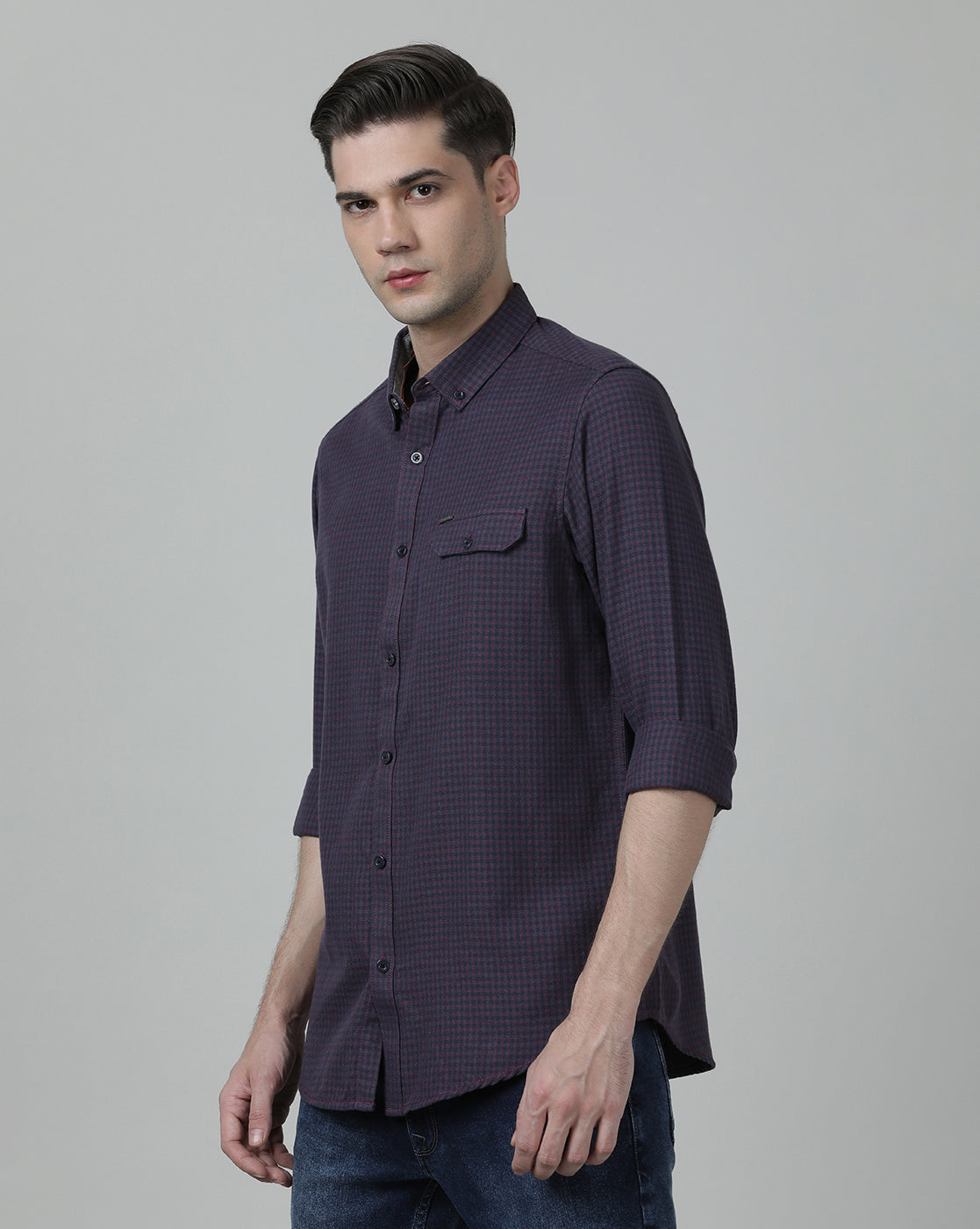 Casual Checks Comfort Fit Full Sleeve Wine Shirt with Collar