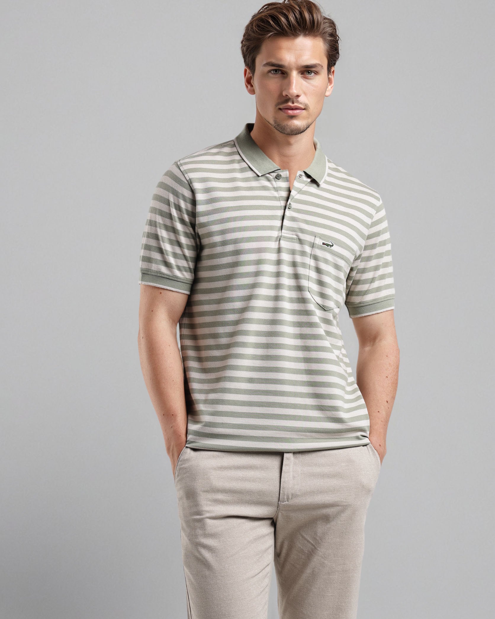 Man wearing a striped polo shirt and beige pants against a gray background