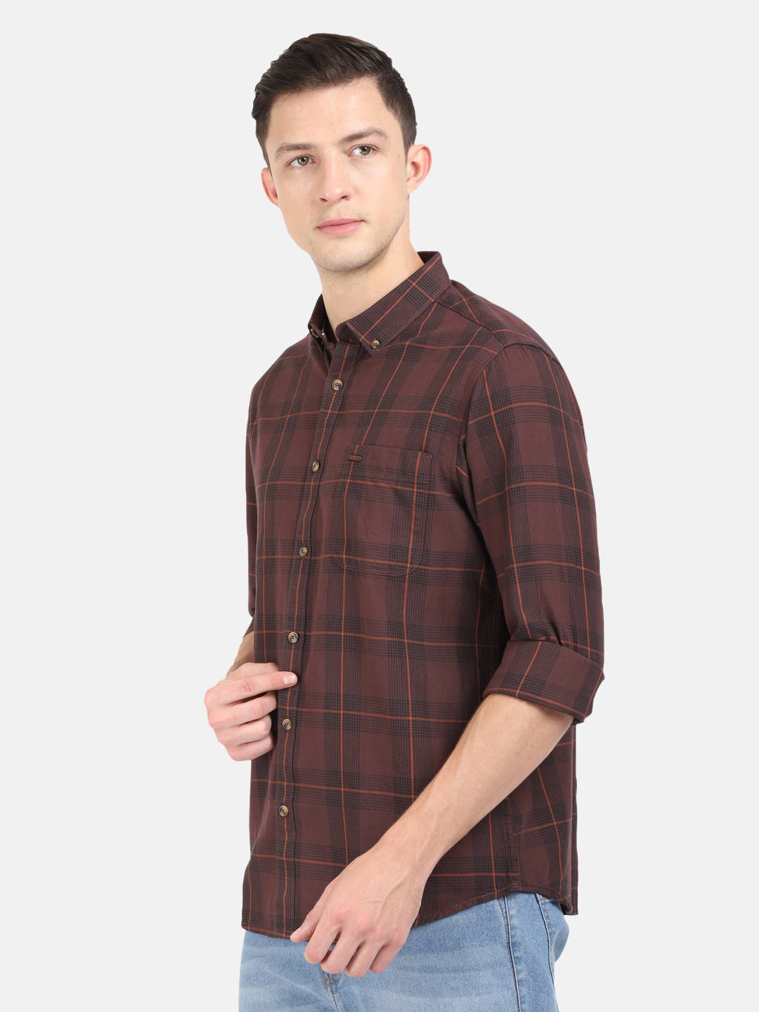 Crocodile Casual Full Sleeve Slim Fit Checks Brown Navy with Collar Shirt for Men