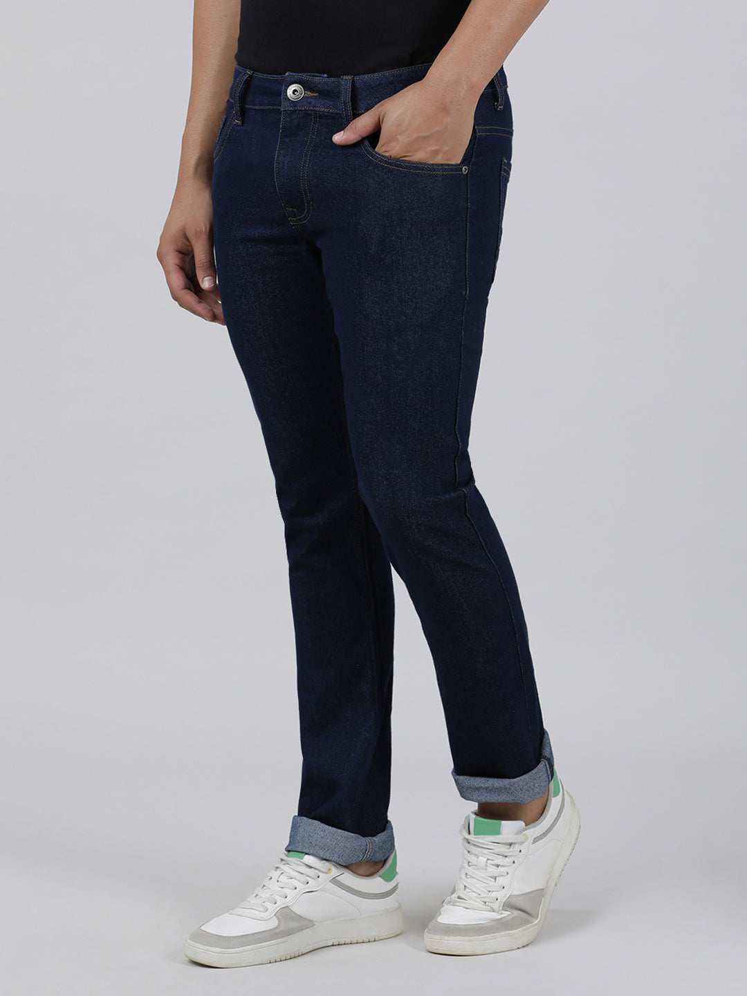 Casual Slim Fit Solid Mid Blue Denim for Men