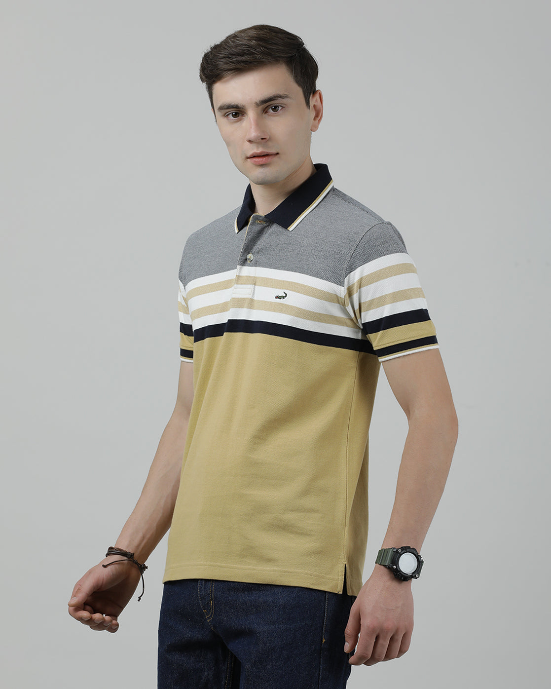 Casual Light Khaki T-Shirt Engineering Stripes Half Sleeve Slim Fit with Collar for Men