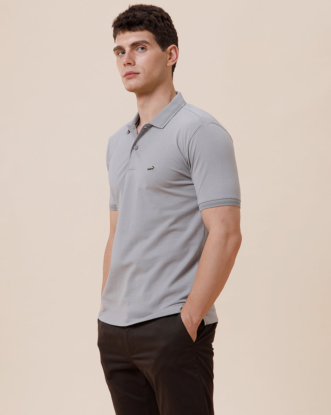 Man wearing a solid half sleeve casual polo t shirt on a light gray background