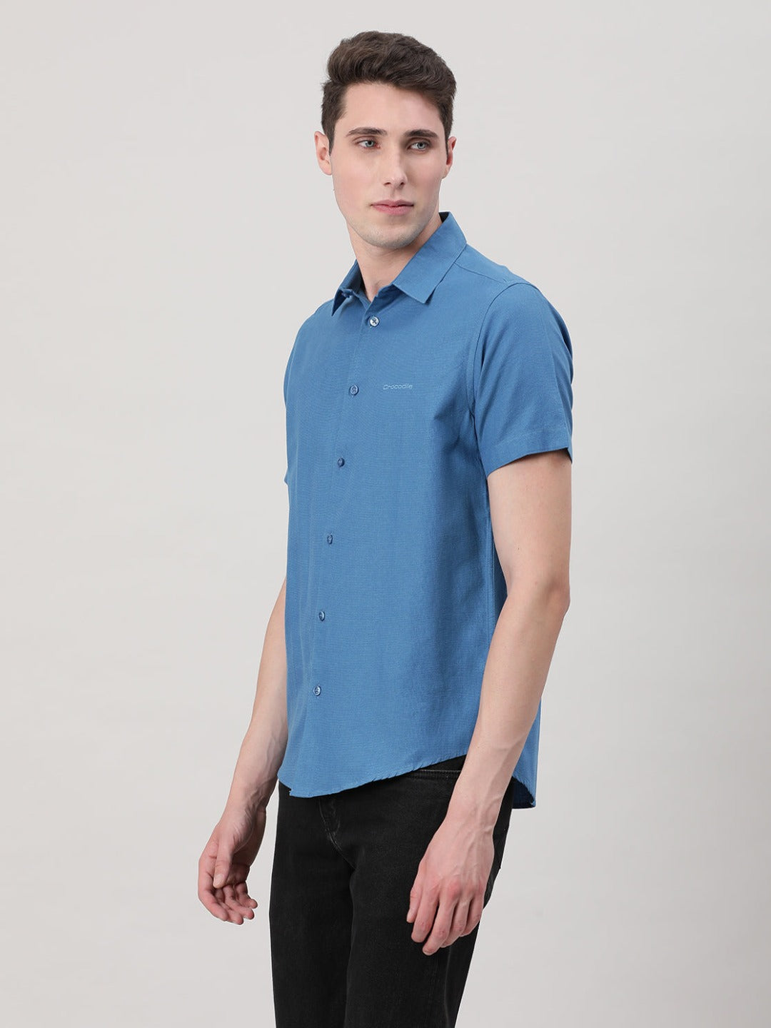 Casual Royal Blue Half Sleeve Comfort Fit Solid Shirt with Collar for Men