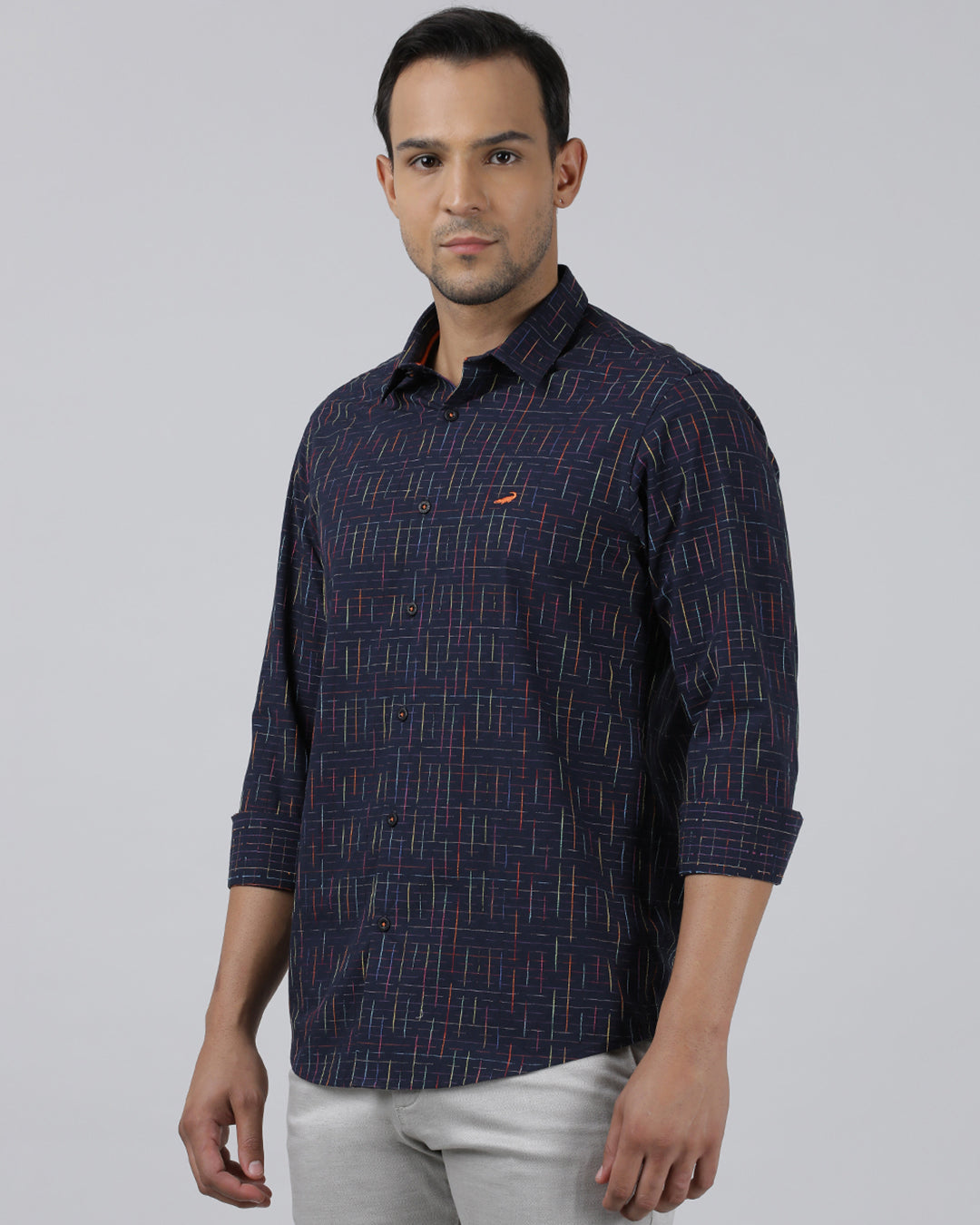 Casual Navy Full Sleeve Regular Fit Print Shirt with Collar for Men