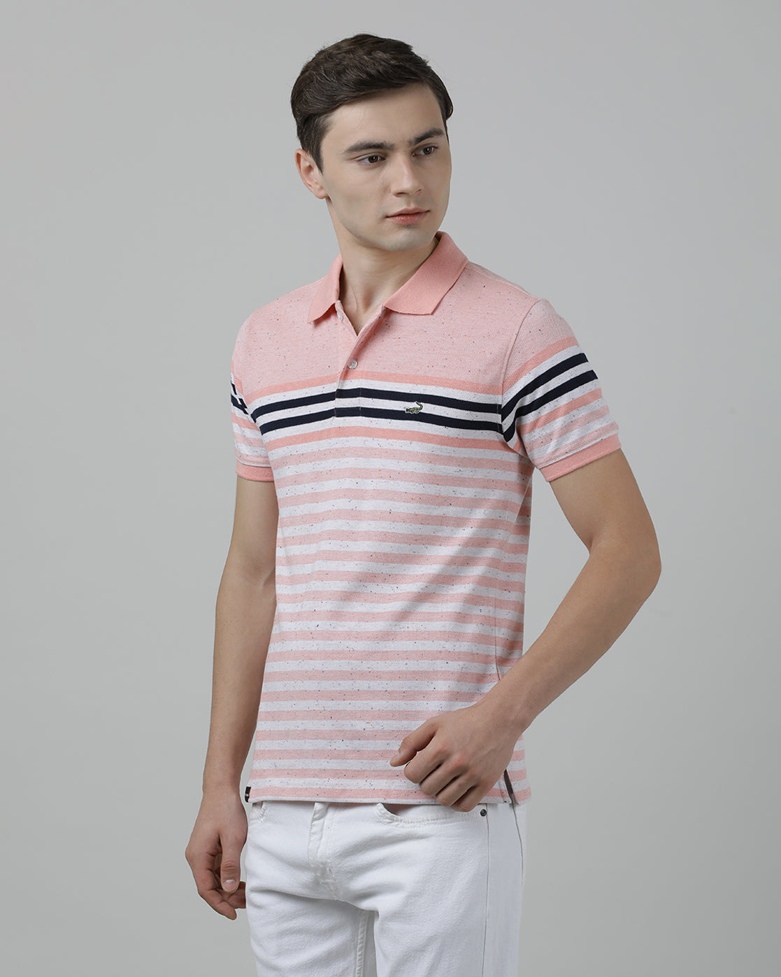 Casual Orange T-Shirt Engineering Stripes Half Sleeve Slim Fit with Collar for Men
