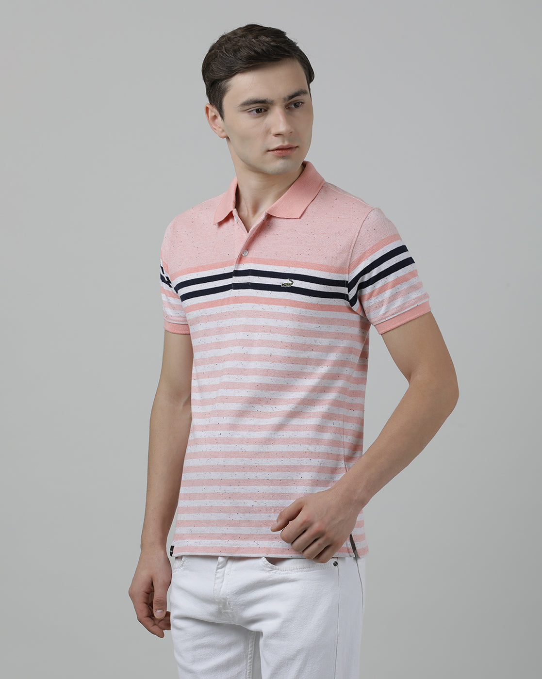 Casual Orange T-Shirt Engineering Stripes Half Sleeve Slim Fit with Collar for Men