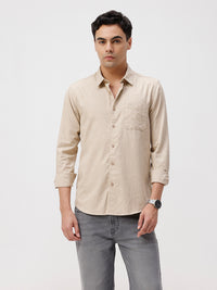 Men's Pure Cotton Melange Solid Beige Shirt Designed For Versatile Casual Wear