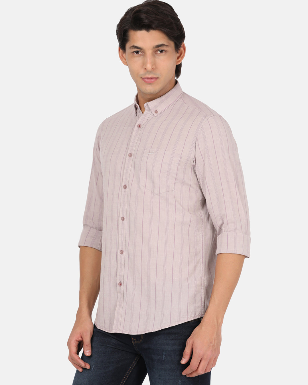 Crocodile Casual Full Sleeve Comfort Fit Stripes Purple with Collar Shirt for Men