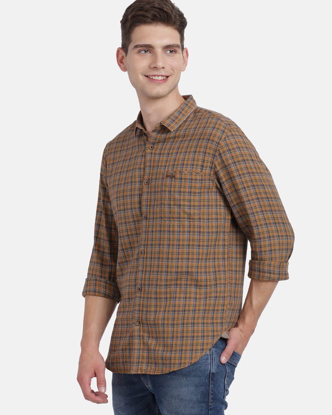Crocodile Men's Casual Full Sleeve Slim Fit Checks Brown With Collar Shirt Online